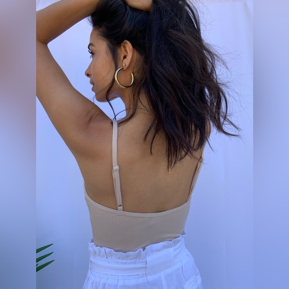 Olivaceous V Neck Tank Style Bodysuit in Tan - Picture 2 of 9